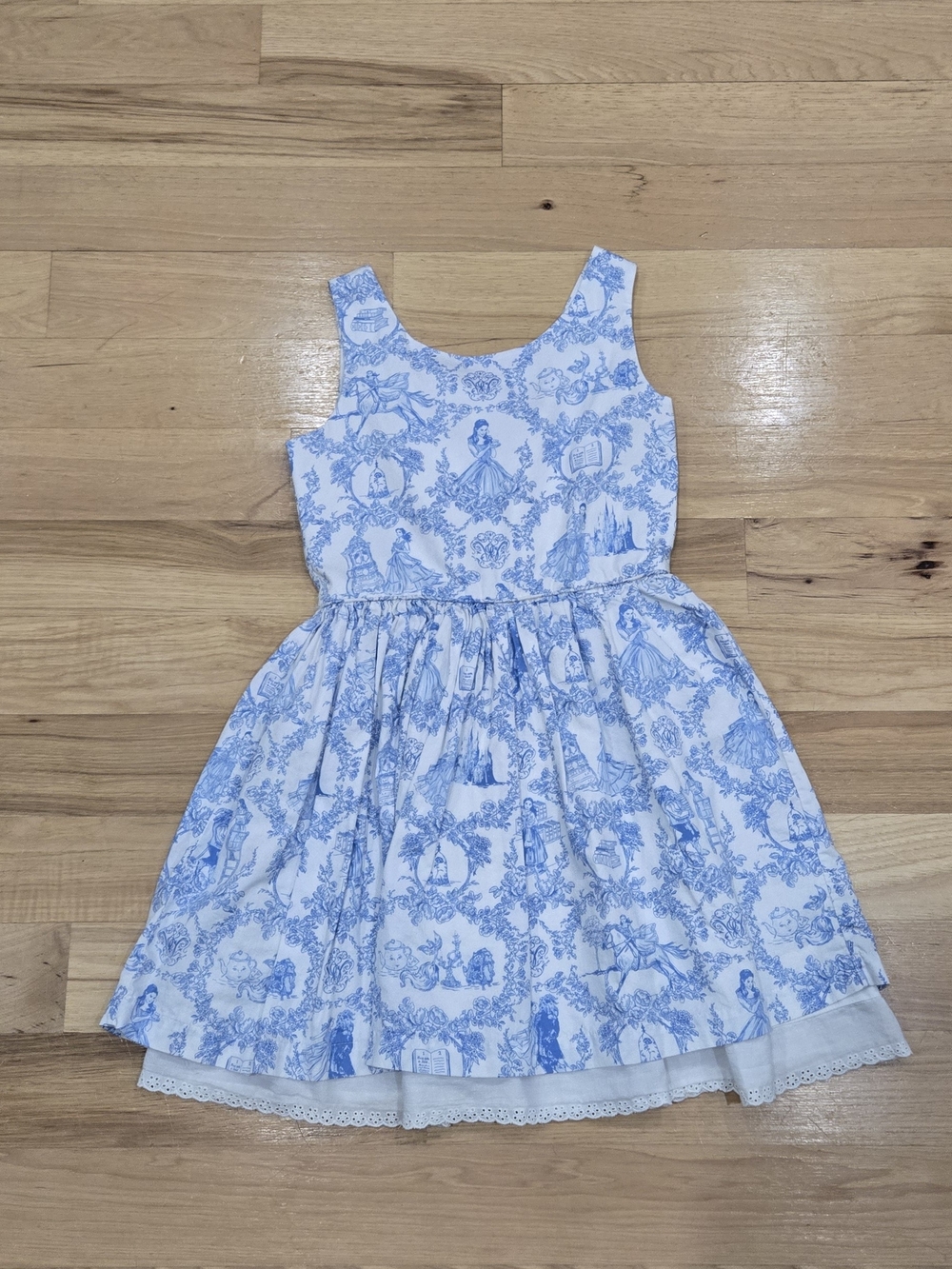 Disney Girls Blue & White Toile Print Beauty And The Beadt Sleeveless Dress
